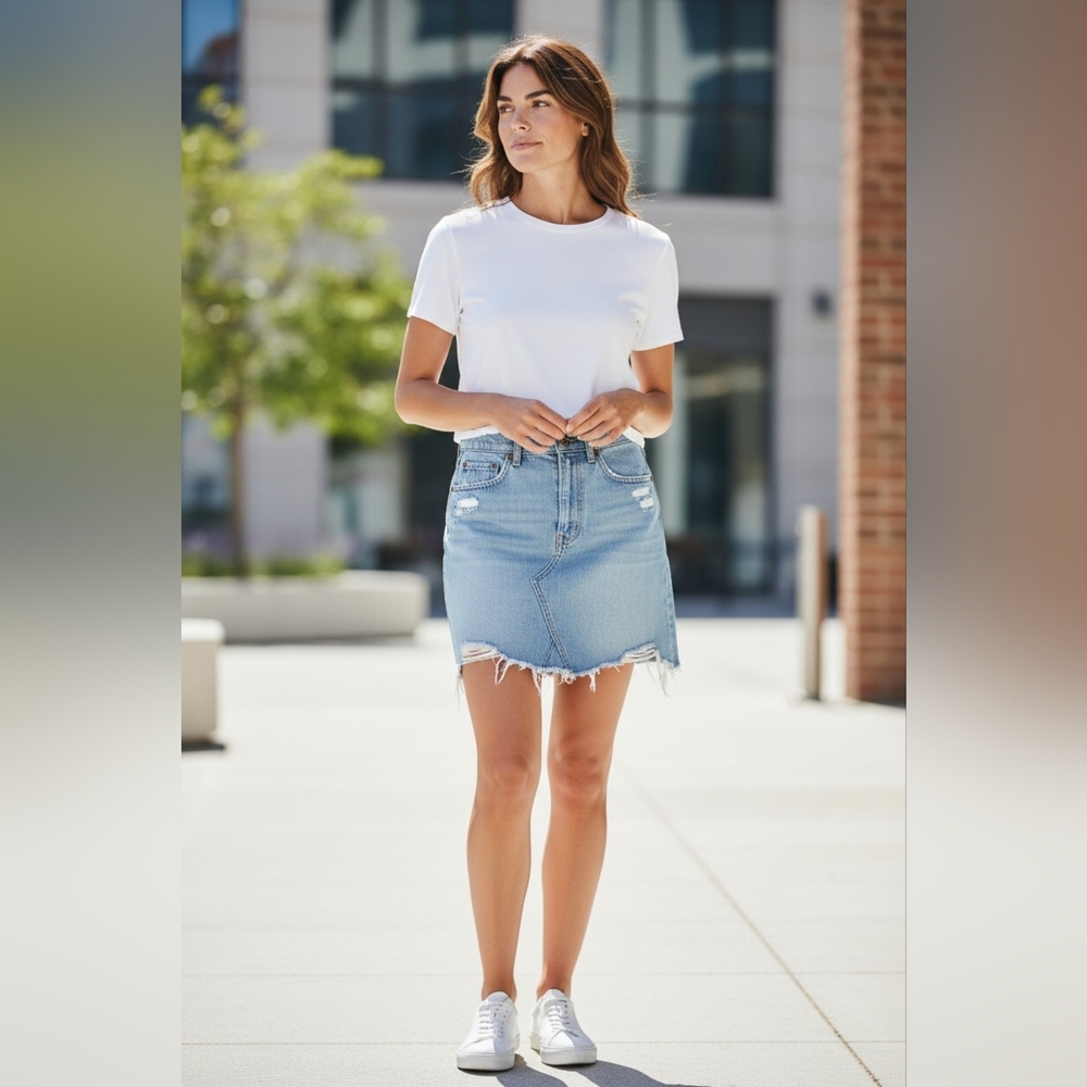 NWOT Zara Premium Denim Light Blue Frayed Hem Mini Skirt R1